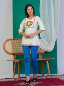 White Floral Wreath Embroidered Ladies Short Kurti