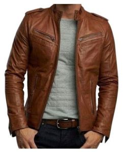 Brown Men Pure Leather Jacket, Sleeve Type : Full Sleeves