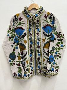 Female Velvet Jacket White Base Embroidered, Neck Type : Collar Neck