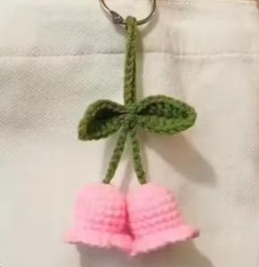 Handmade Crochet Bell Flower Keychain, Pink and Green, Decor Handmade Crochet Bell Flower Keychain, Pink and Green, Decor