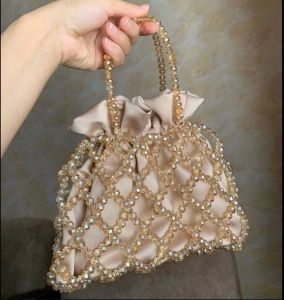 Plain Velvet Beaded Bags, Color : Golden for Party, Casual