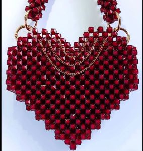Heart Beaded Bag, Color : Red, Inner Material : Velvet