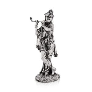 Flute Krishna Murti Standing On Base - Silver Idol