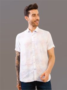 White Printed Half Sleeve Pure Linen Shirt
