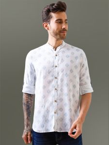 White Printed Mandarin Collar Pure Linen Shirt