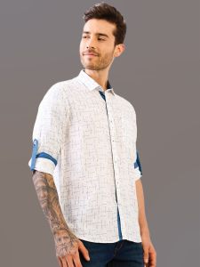 Regular Collar White Printed Pure Linen Shirt, Brand Name : Indiqlo