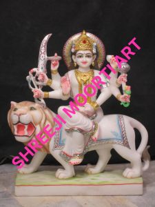 Hindu Marble Durga Statue for Worship, Interior Decor, Home