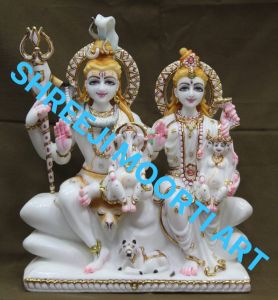 White With Gold Shiv Parvati Marble Statue
