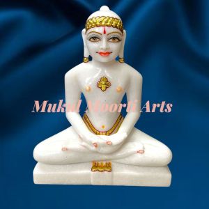 Polished Carved White Marble Jain Mahaveer Statue Standard for Worship