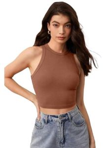Ladies Brown Tank Top Free Size, Pattern : Plain