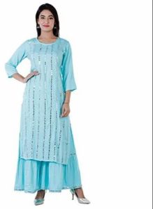 Ladies Festive Mirror Work Georgette Kurti, Length : Calf Length