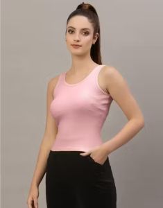 Round Neck Cotton Ladies Plain Pink Tank Top Free Size