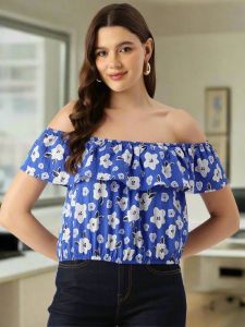 Rayon Ladies Smocked Floral Off-Shoulder Crop Top