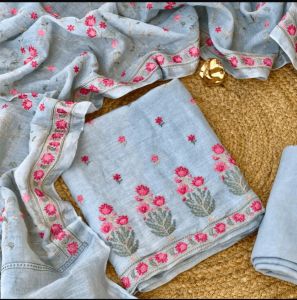 3 Piece Grey Pure Linen Handloom Ladies Suit