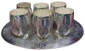 925 Pure Silver Stylish Glasses and Tray Set in Antique Hammering