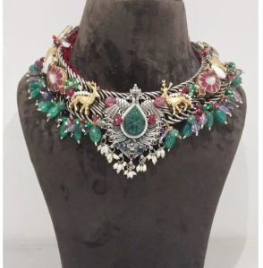 Designer Fusion Silver Necklace with Stylish Motifs