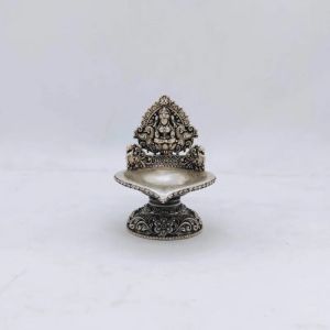 Hallmarked Silver Kamakshi Lamp with Peacocks in Antique Finish