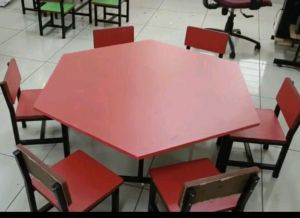 Red Hexagon Wooden School Table With Chair