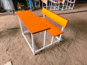 Wood Top Cast Iron Frame Yellow Dual Seater Classroom Bench