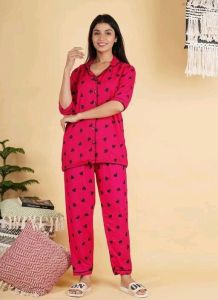 Ladies Red Heart Print Cotton Pajama Set