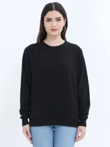 Ladies Solid Black Crew Neck Sweatshirt