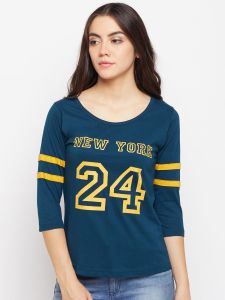 Soft Cotton Blend Knit Fabric Ladies Teal Blue Varsity Style T-Shirt