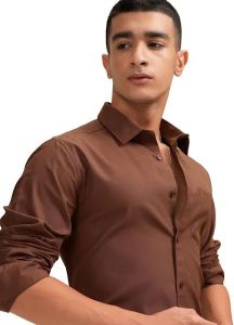 Mens Brown Solid Cotton Blend Shirt