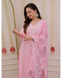 Light Pink Viscose Chanderi Embroidered Ladies Kurta Set