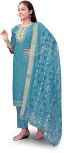 Aqua Blue Pure Cotton Embroidered Ladies Kurta Set