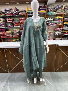 Mal Chanderi Fabric Grey Ladies Kurta Suit Set