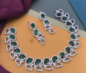 Alloy Emerald American Diamond Necklace Set, Color : Silver