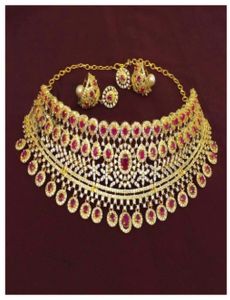 Premium Zircon Bridal Necklace Set, Color : Golden