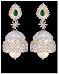 Metal Alloy Silver Emerald Studded Jhumka Earrings, Shape : Round