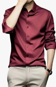 Mens Maroon Plain Satin Shirt