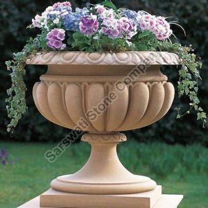 Round Carved Polished Sandstone Planter, For Outdoor Use, Color : Light Brown