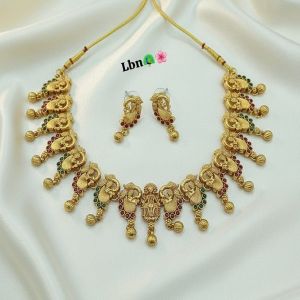Antique Gold Temple Necklace Set With Lakshmi Motif And Matching Earrings