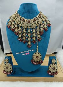Premium Gold-Plated Bridal Shadow Choker Set with Earrings & Maang Tikka