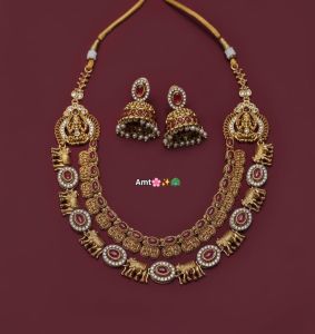 Traditional Gold Plated Temple Necklace Set with Elephant Motif & Jhumka Earrings