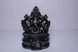 Polished Black Sitting Stone Saraswati Statue