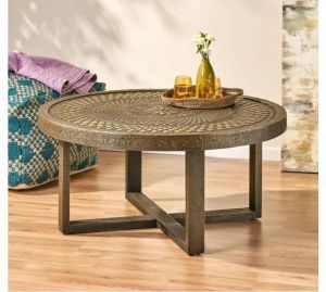 Antique Hand Finished Surface Round Carved Wooden Coffee Table