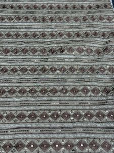 Brown & Grey Stripe Diamond Sequin Embroidered Silk Fabric