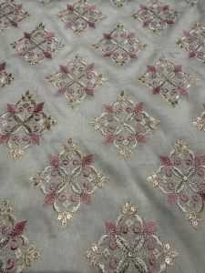Grey & Pink Zari-Sequin Designer Embroidered Barfi Fabric