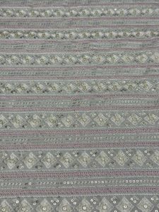 Pink & Grey Stripe Diamond Sequin Embroidered Silk Fabric