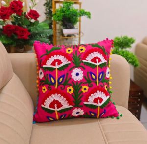 Hand Embroidered Floral Cotton Cushion Cover - Pink
