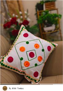 Wool Thread Embroidered Cotton Cushion Cover
