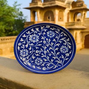 Blue Mughal Print Ceramic Dinner Plate, Shape : Round
