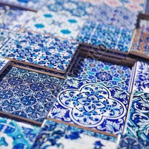 Polished White Blue Ceramic Floor Tiles, Shape : Square