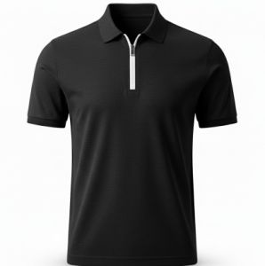 Mens Plain Black Cotton Pique Zip Polo T-Shirt