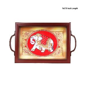Tanjore Glass Painting Wooden Tray With Handle