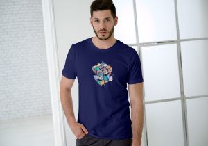 Dark Blue Men Casual Printed Cotton T-Shirt